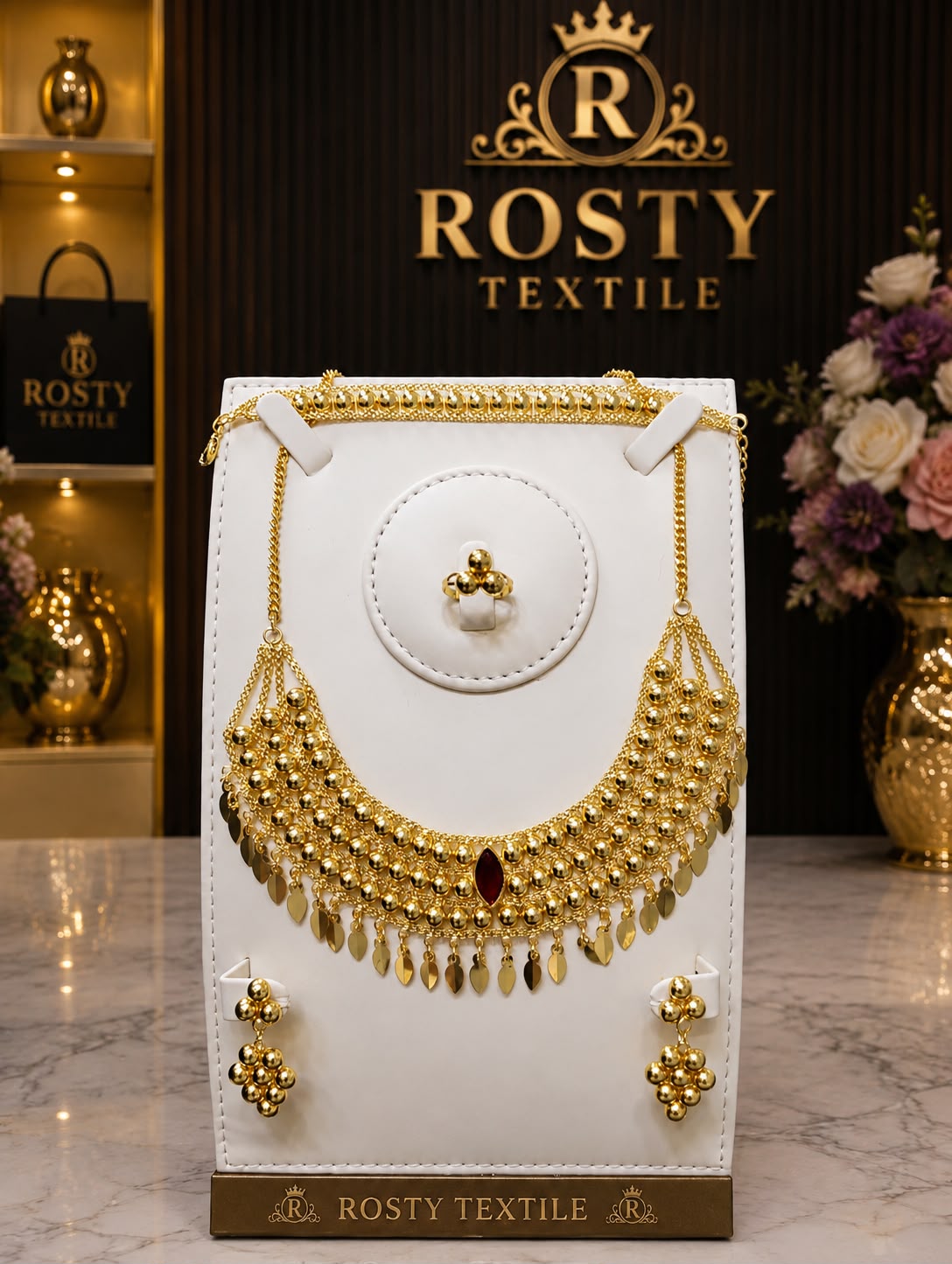Parure collier feuilles dorées avec bracelet Rosty Textile