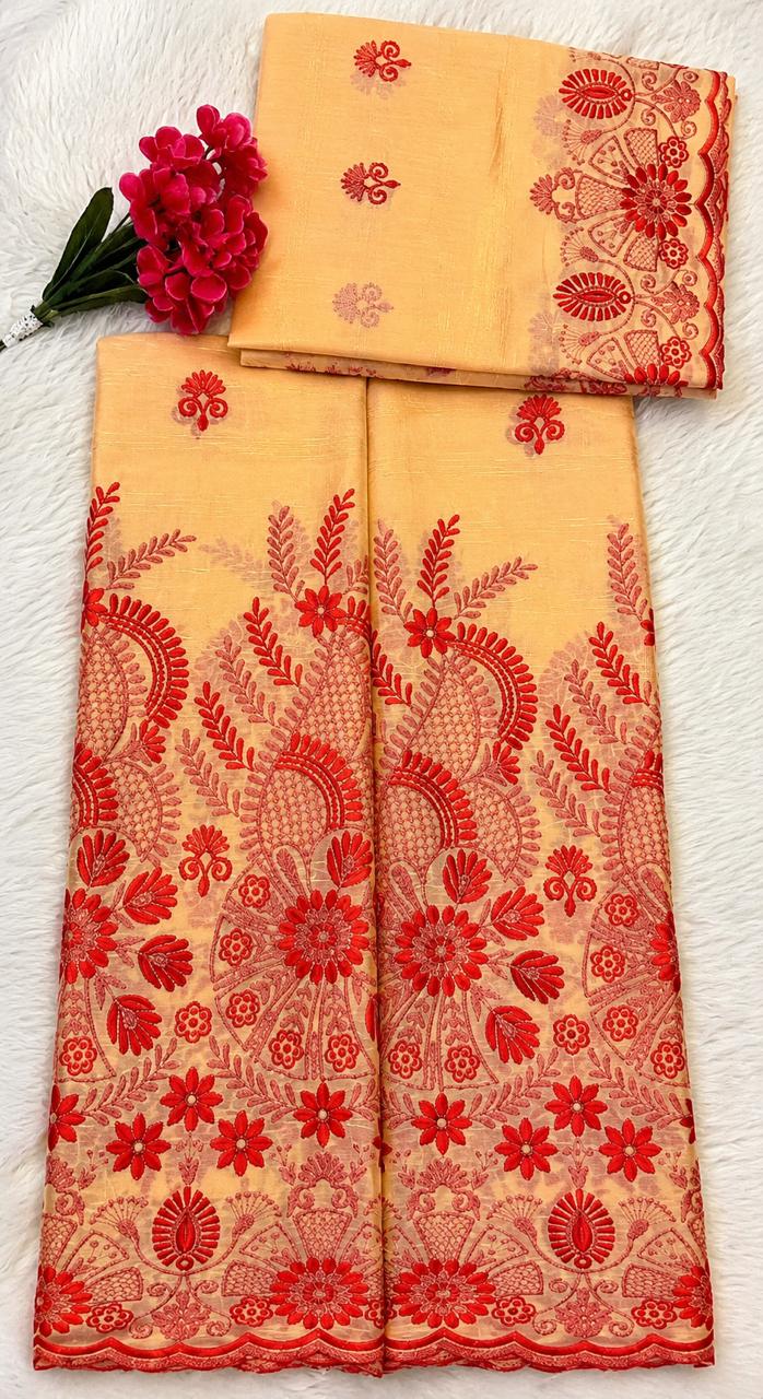 Salouva pêche brodée rouge motifs floraux feuillages et paons
