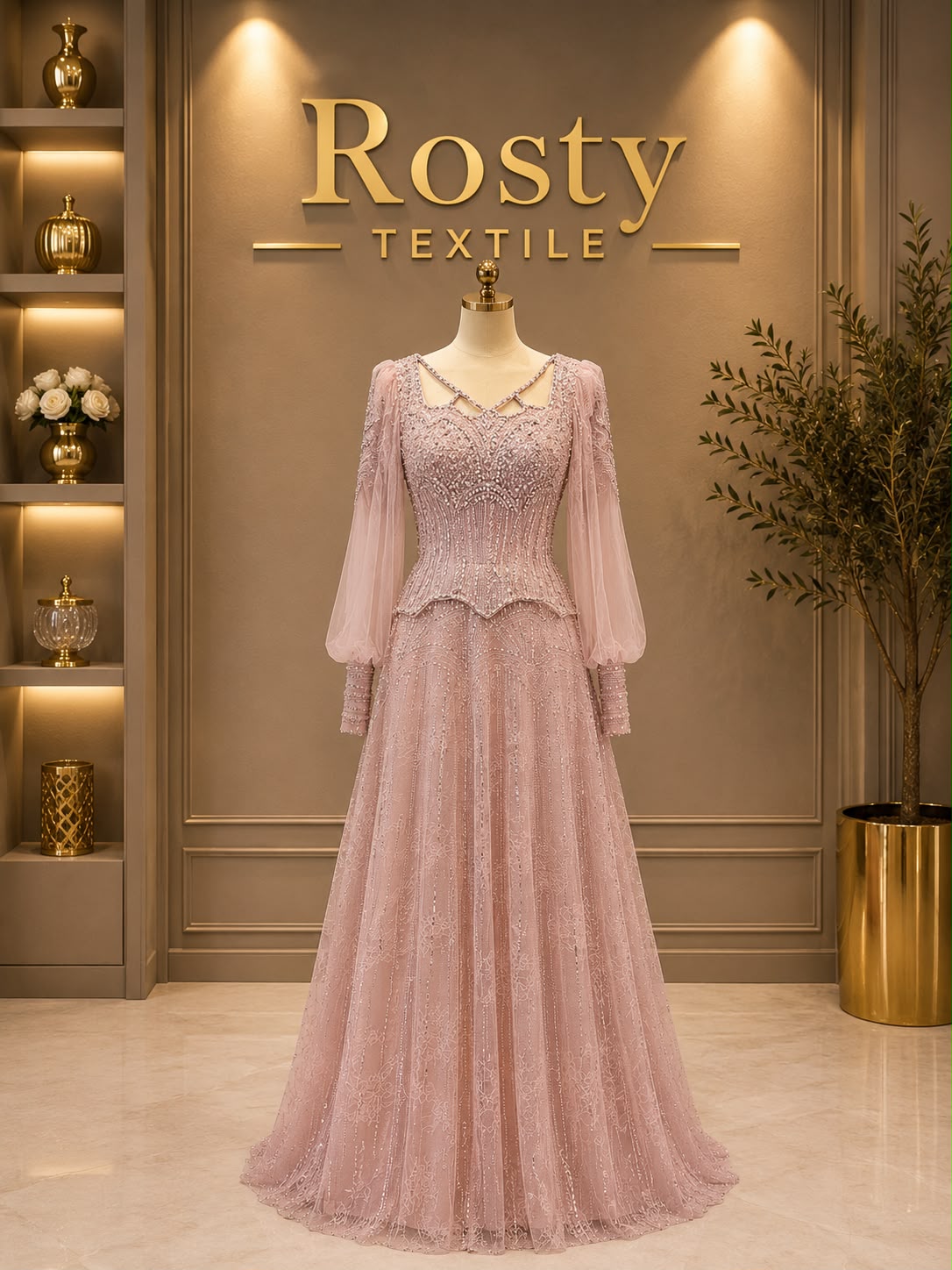 Robe de soirée vert kaki sirène cristaux sequins bretelles cape tulle Rosty Textile