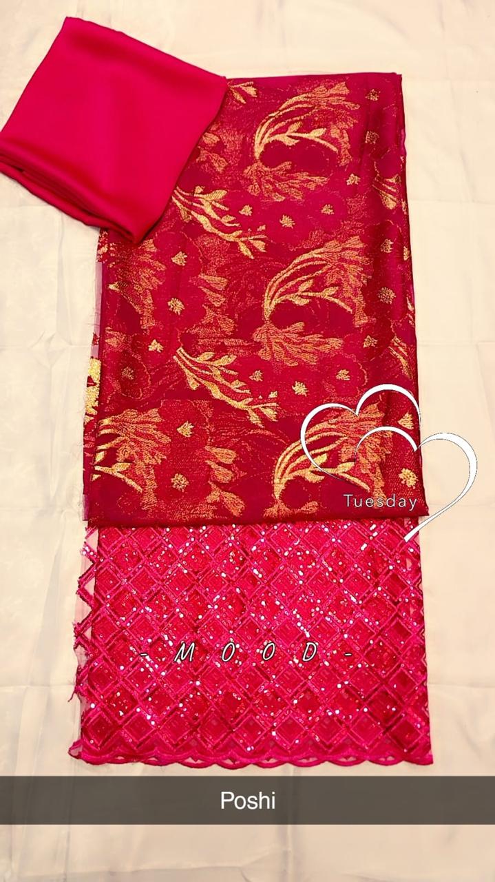 Salouva 3PICE - Rouge Poshi broderie florale dorée avec dentelle paillettes roses