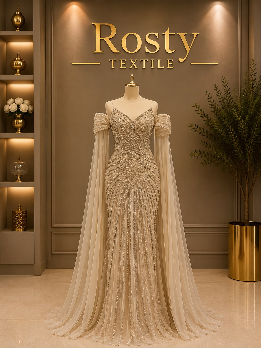 Robe de soirée beige nude sirène cristaux géométriques bretelles cape tulle Rosty Textile