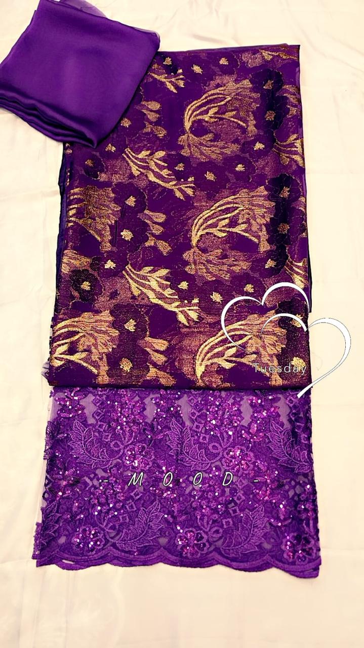 Salouva 3PICE Violet - broderie florale dorée et dentelle paillettes violettes