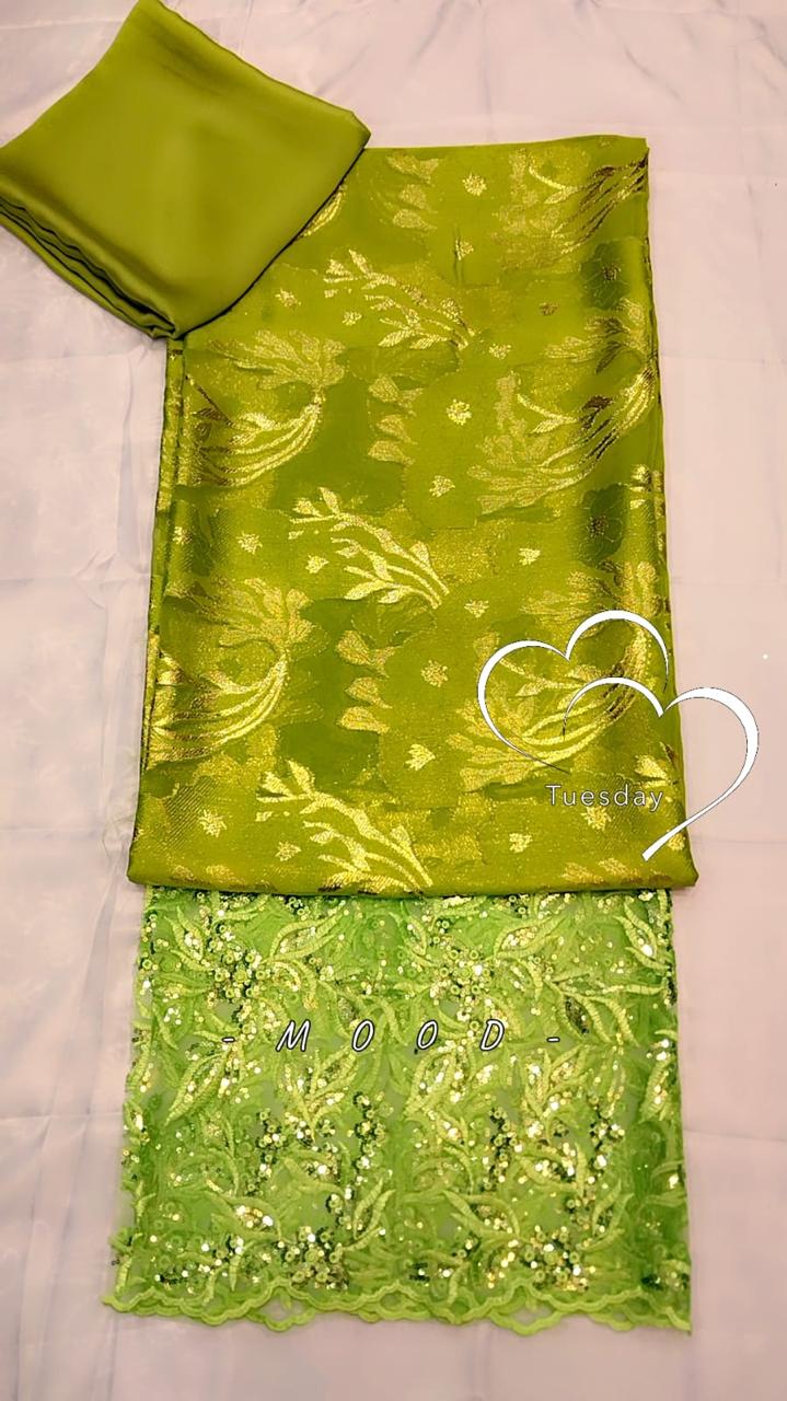 Salouva 3PICE Vert Olive - broderie florale dorée et dentelle paillettes vertes