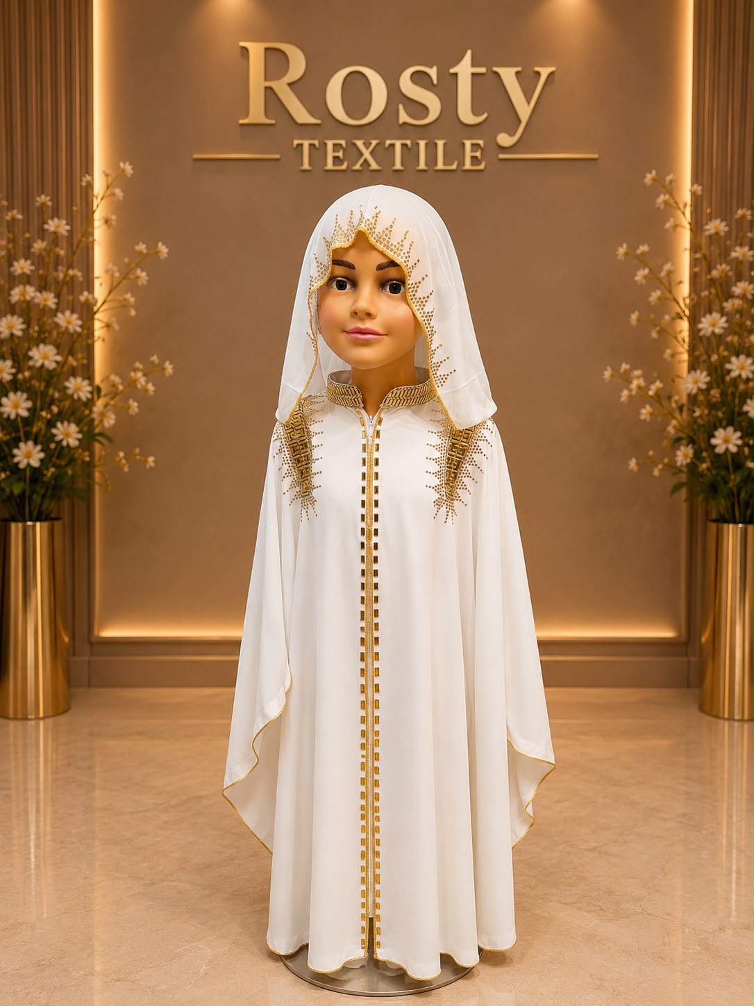 Abaya enfant blanche cristaux dorés col mandarin voile assorti Rosty Textile
