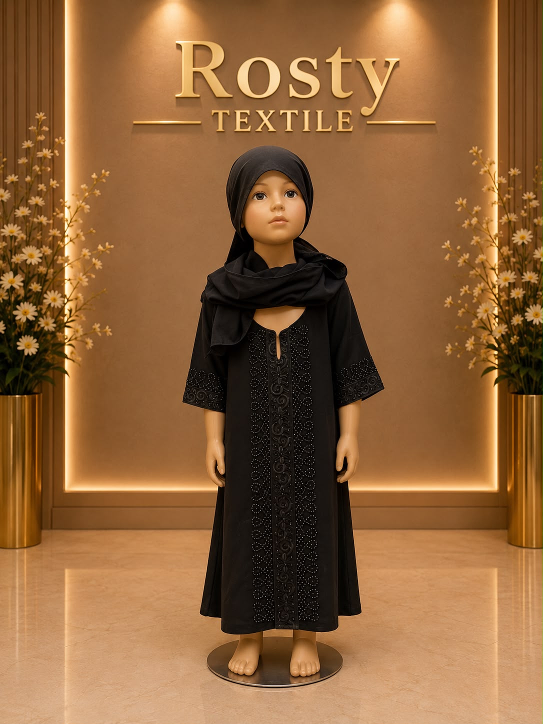 Abaya enfant noire cristaux broderie col keyhole manches longues Rosty Textile