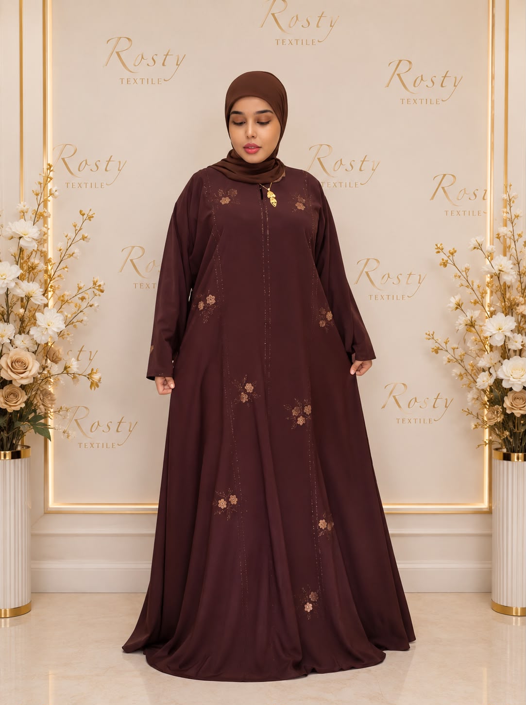 Abaya marron chocolat brodée florale Rosty Textile