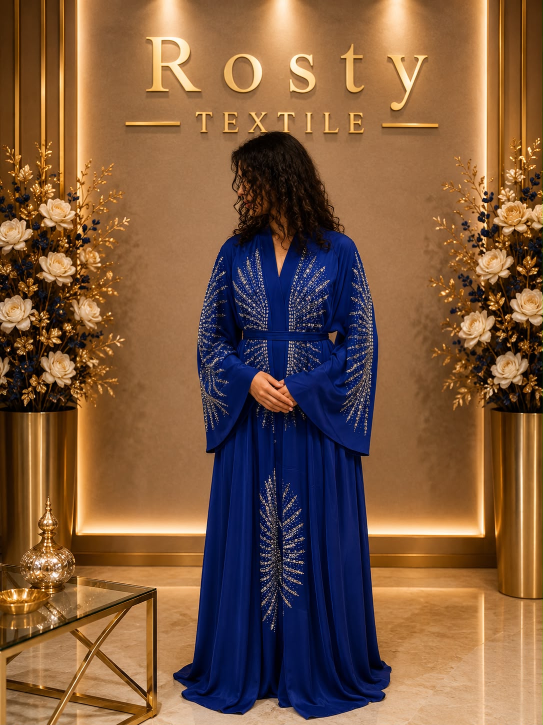 Abaya bleu marine brodée florale dorée Rosty Textile
