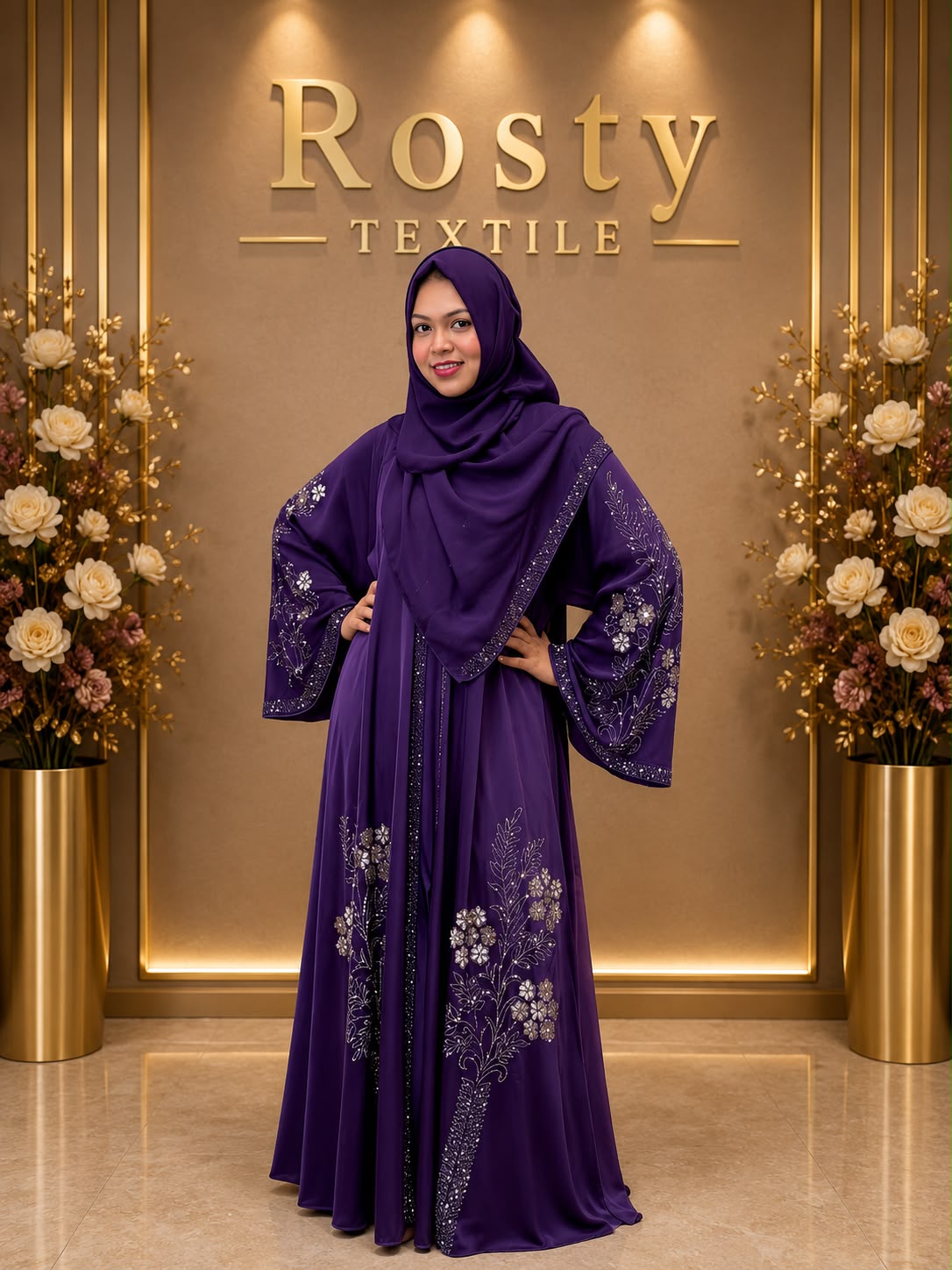 Abaya femme noire broderie florale col V manches bouffantes Rosty Textile