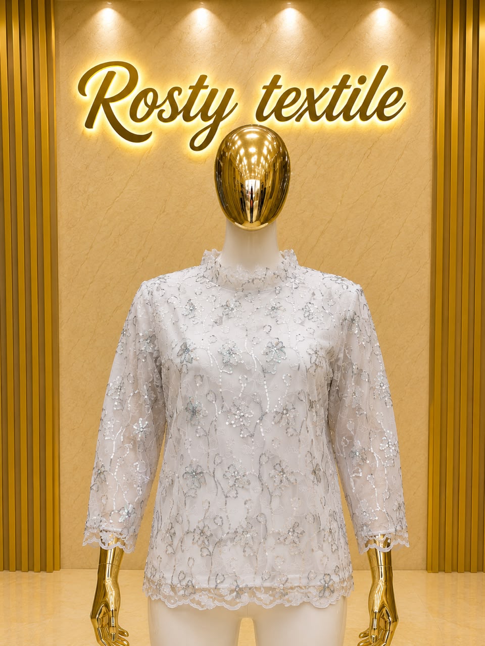 Body en Dentelle Blanc Argenté – Manches 3/4 Col Montant