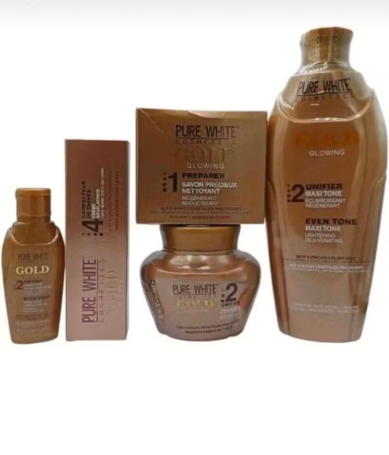 Coffret Pure White Cosmetics Gold avec plusieurs soins beauté aux tons dorés