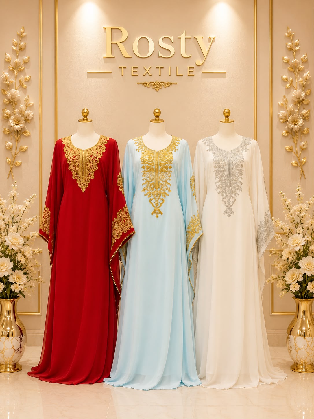 Caftan rouge brodé gold manches papillon Rosty Textile