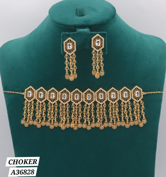 Parure collier pièces rondes et franges dorées A78293