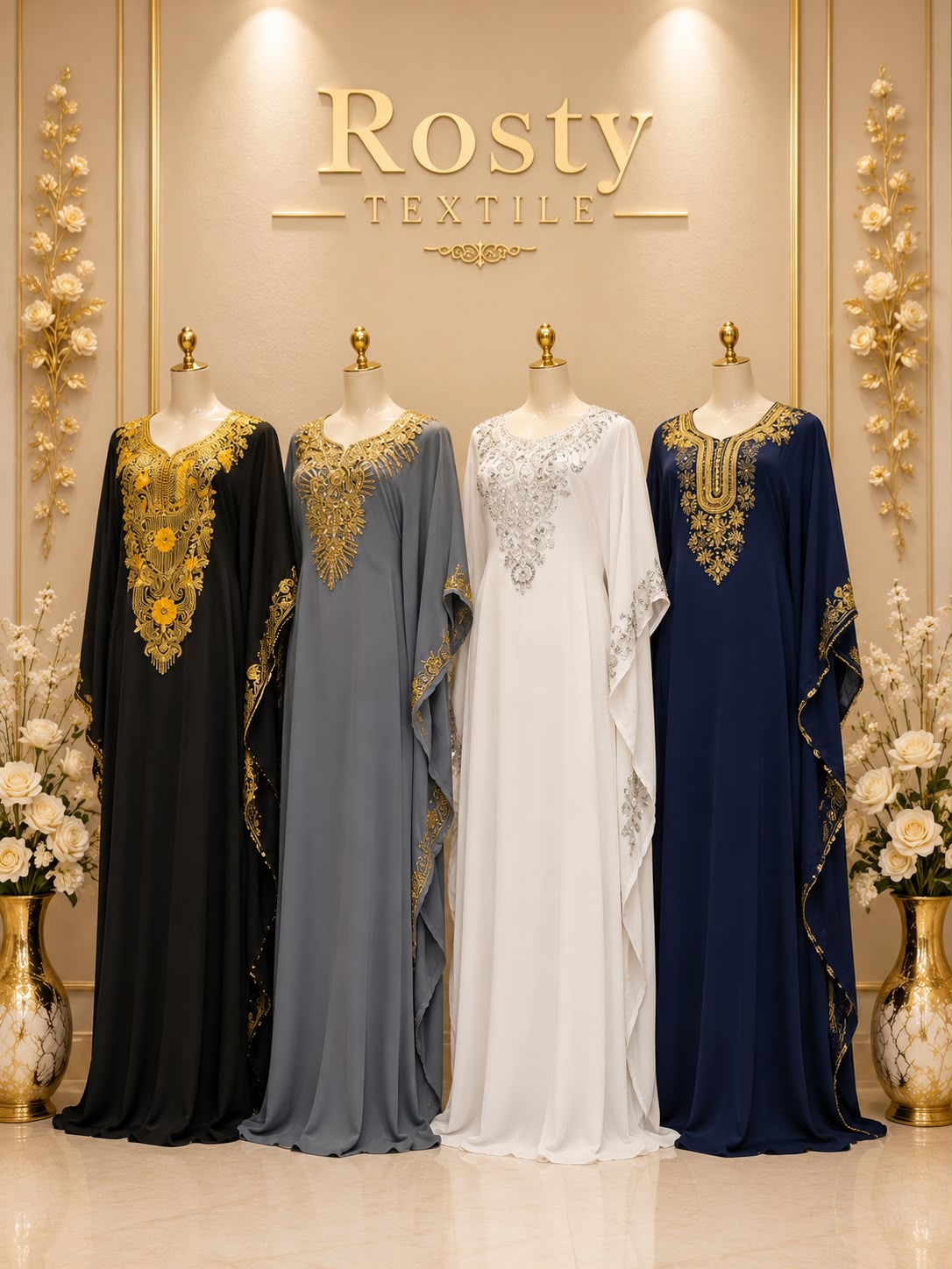 Caftan brodé gold 4 couleurs noir gris blanc bleu marine manches papillon Rosty Textile