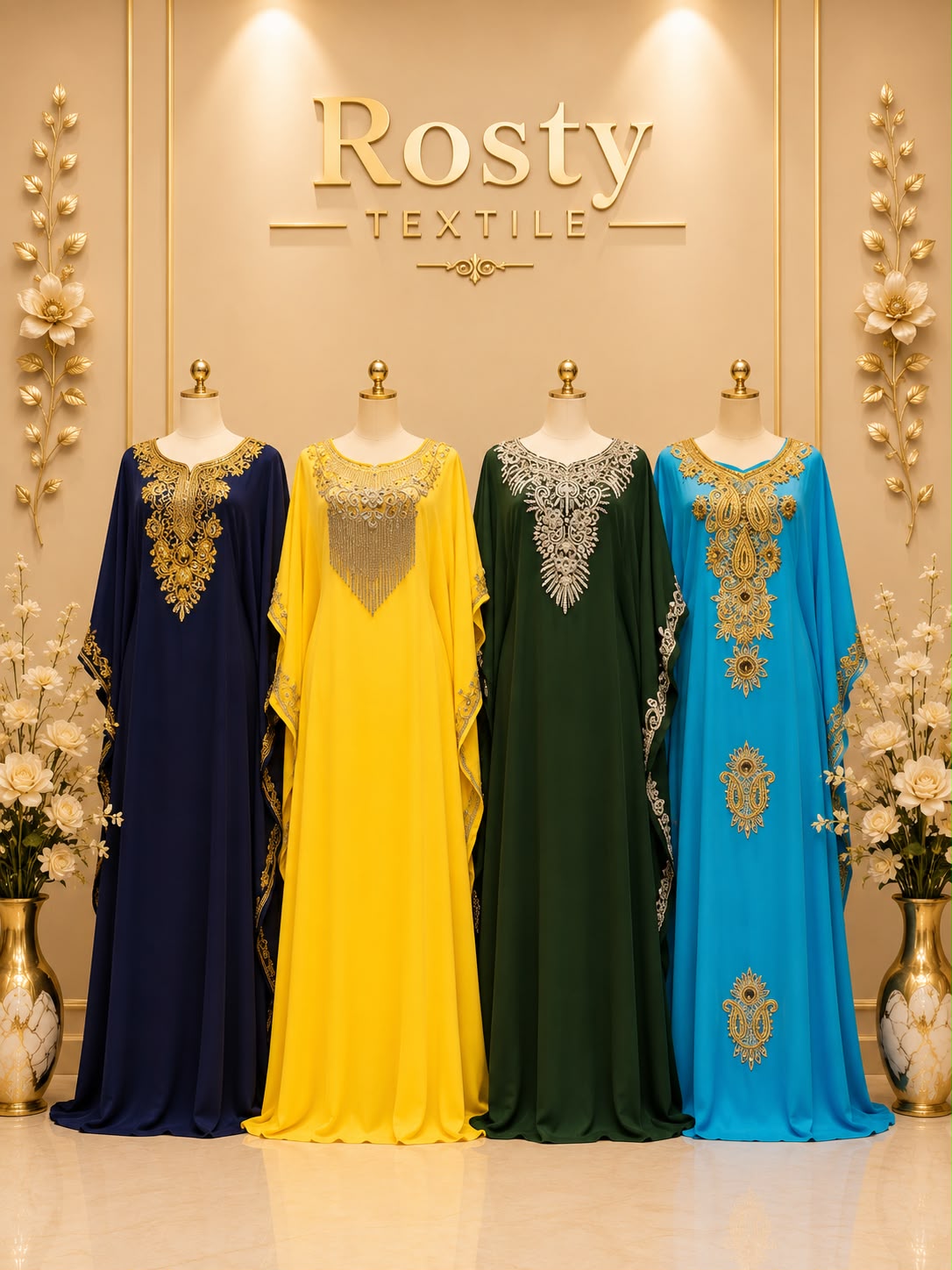 Caftan brodé gold 4 couleurs bleu marine jaune vert foncé turquoise Rosty Textile