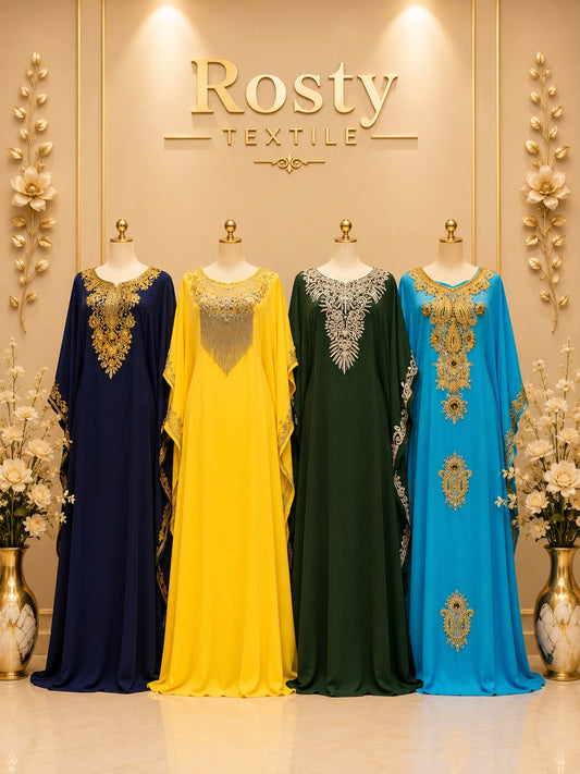 Caftan brodé gold 4 couleurs bleu marine jaune vert foncé turquoise Rosty Textile