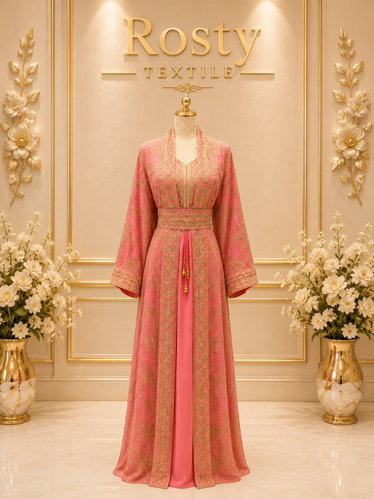 Caftan rose saumon brodé gold avec ceinture pompons dorés Rosty Textile
