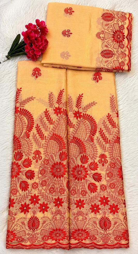 Salouva pêche brodée rouge motifs floraux feuillages et paons