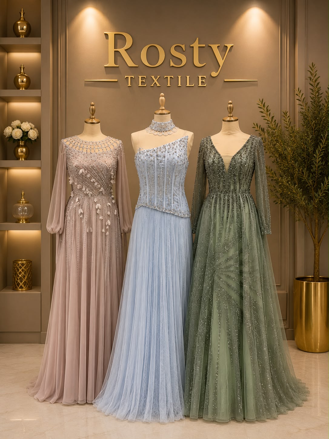 Robe de soirée rose poudré cristaux perles manches bouffantes longues Rosty Textile