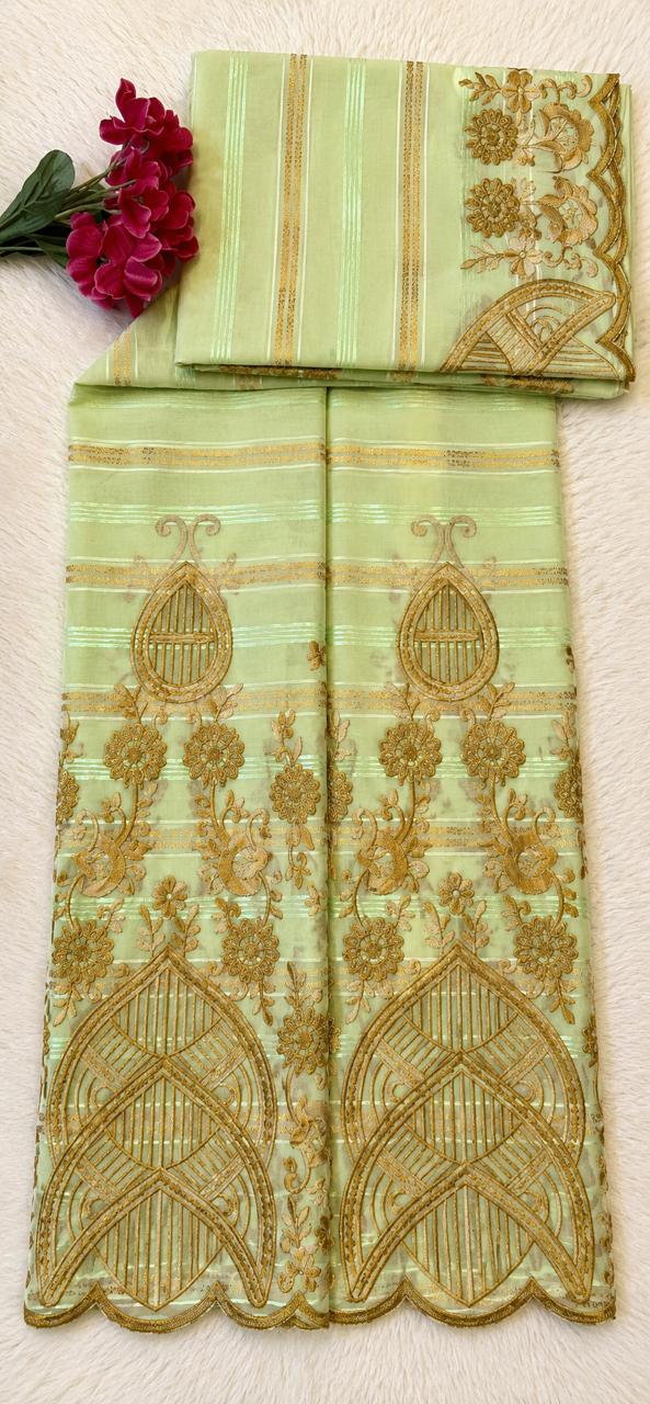 Salouva vert menthe brodée dorée motifs médaillons arches et floraux