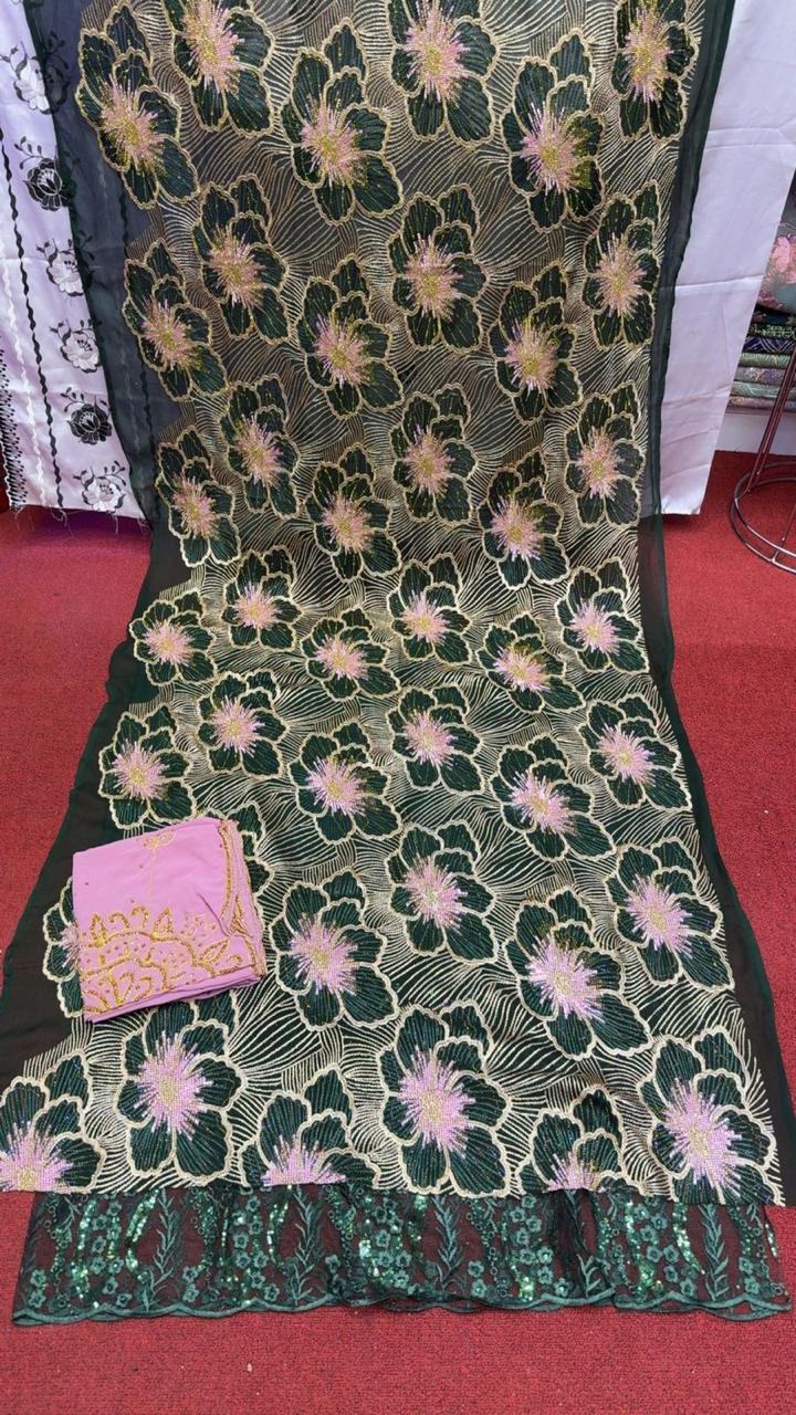Salouva 3PICE - Vert foncé broderie florale rose et or