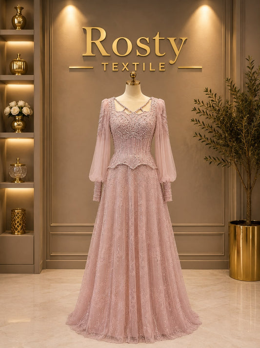 Robe de soirée vert kaki sirène cristaux sequins bretelles cape tulle Rosty Textile
