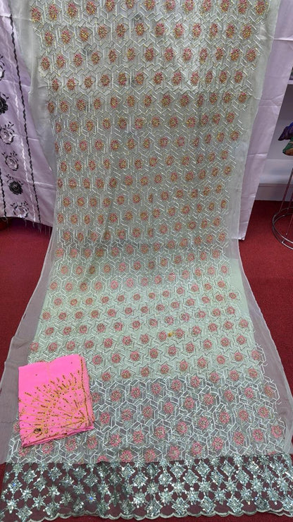 Salouva 3PICE - Blanc cassé broderie géométrique rose