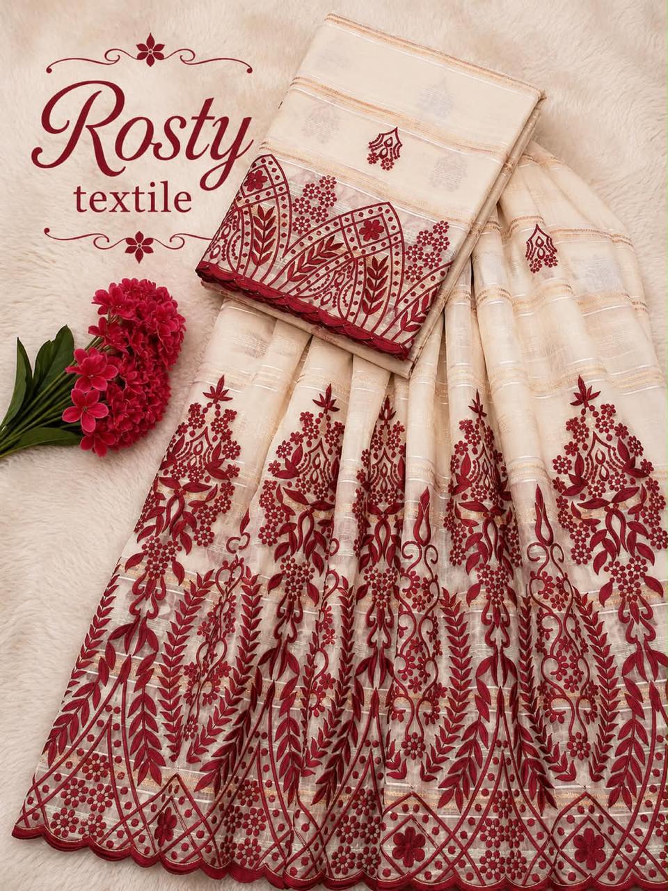 Salouva blanc et rouge bordeaux brodée motifs floraux et feuillages Rosty Textile