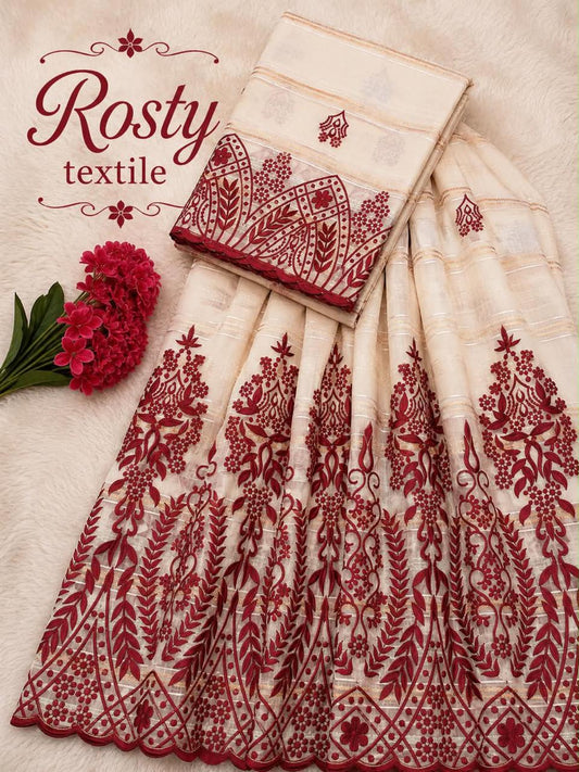 Salouva blanc et rouge bordeaux brodée motifs floraux et feuillages Rosty Textile
