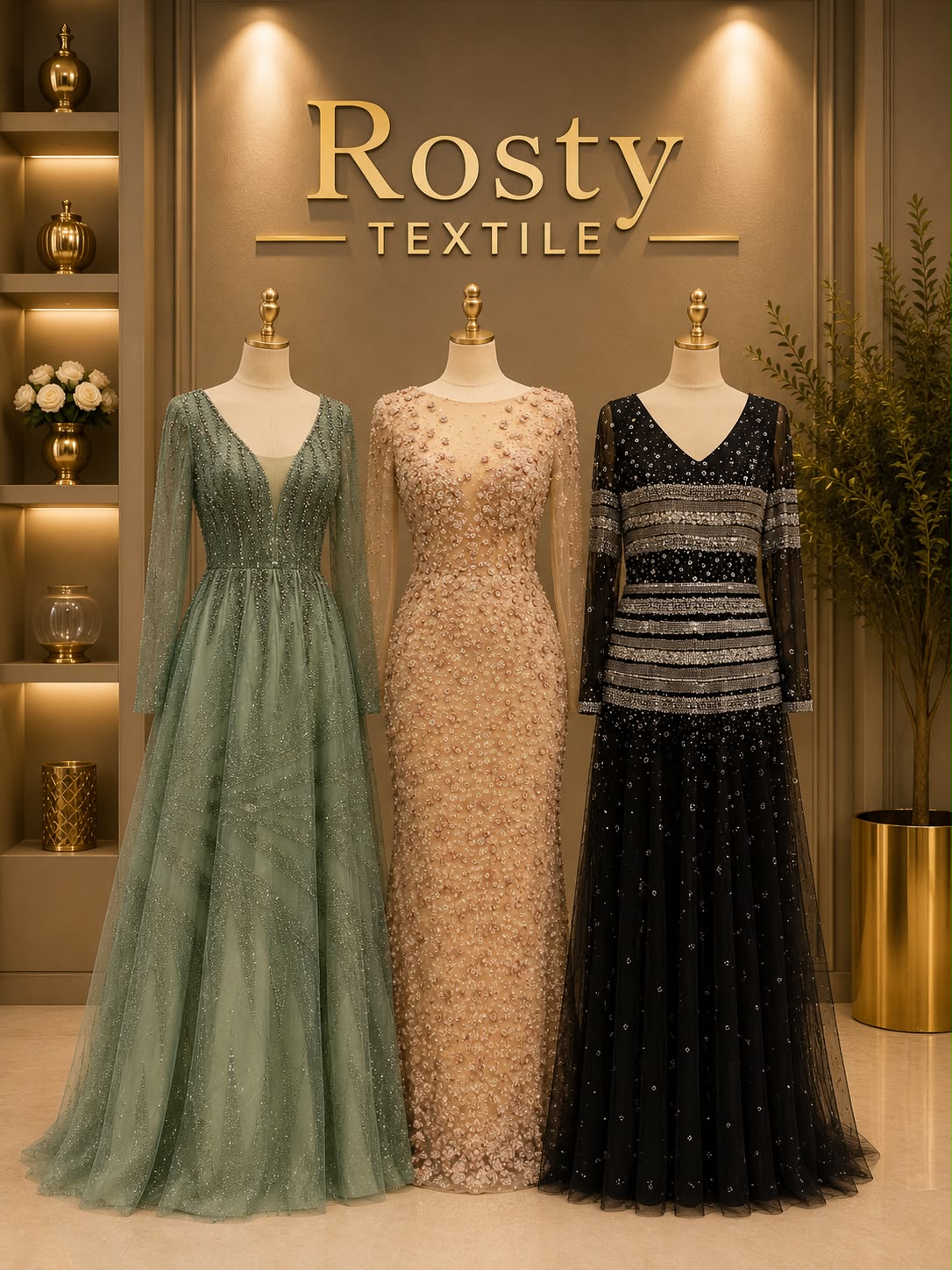Robe de soirée vert sauge manches longues paillettes et tulle fluide ligne A
