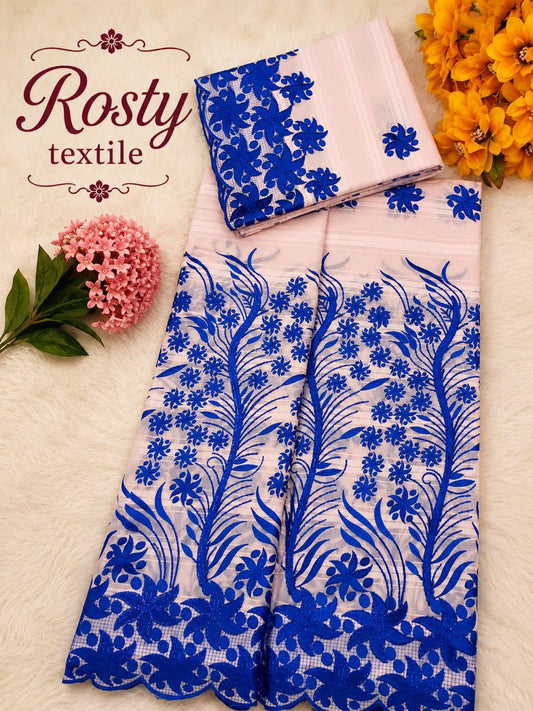 Salouva blanc et bleu royal brodée motifs floraux et plumes Rosty Textile