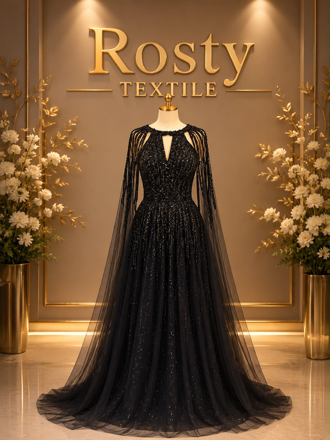 Robe de soirée champagne dorée sirène cristaux géométriques manches cape Rosty Textile