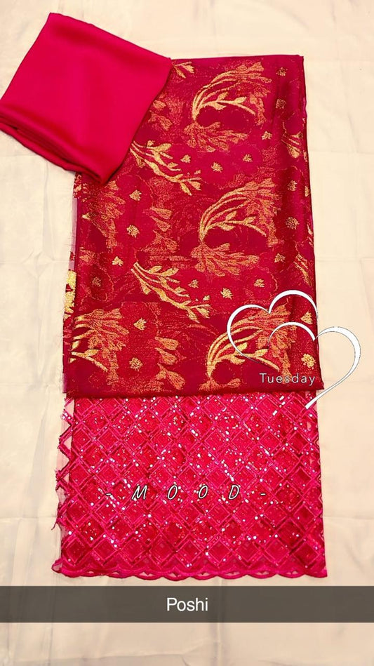 Salouva 3PICE - Rouge Poshi broderie florale dorée avec dentelle paillettes roses