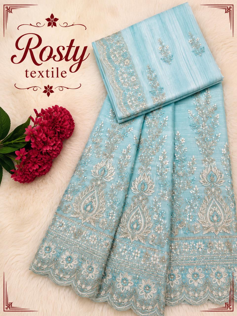 Salouva bleu ciel brodée florale blanche avec perles nacrées motifs médaillons