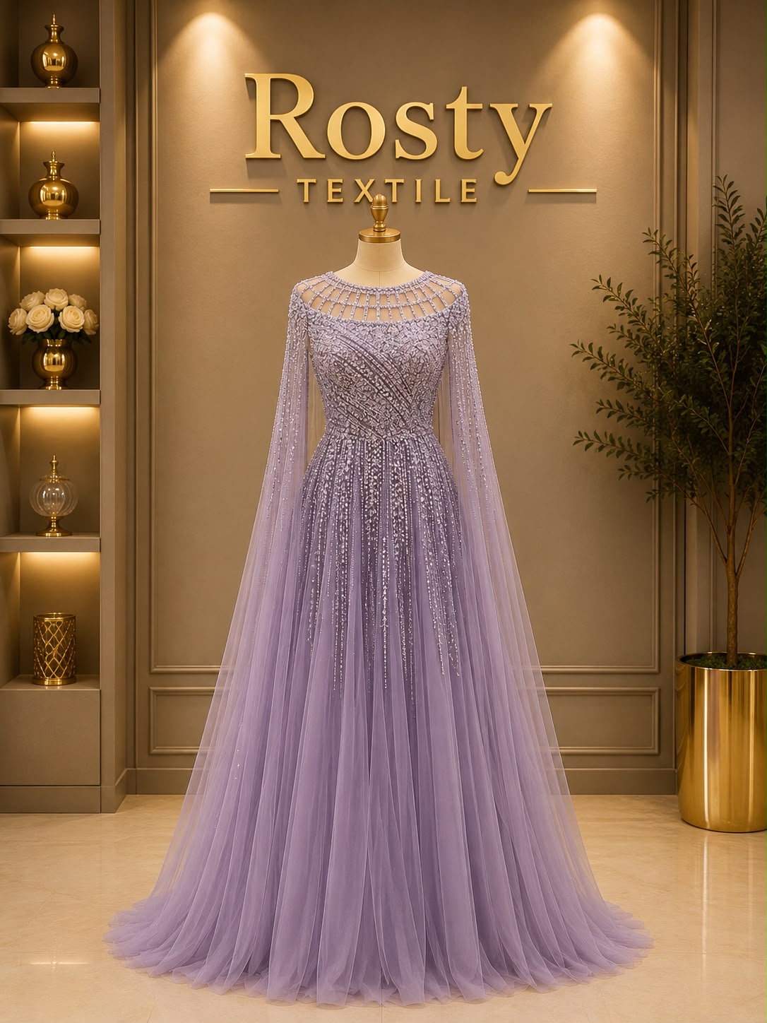Robe de soirée lavande cristaux perles manches cape longues Rosty Textile
