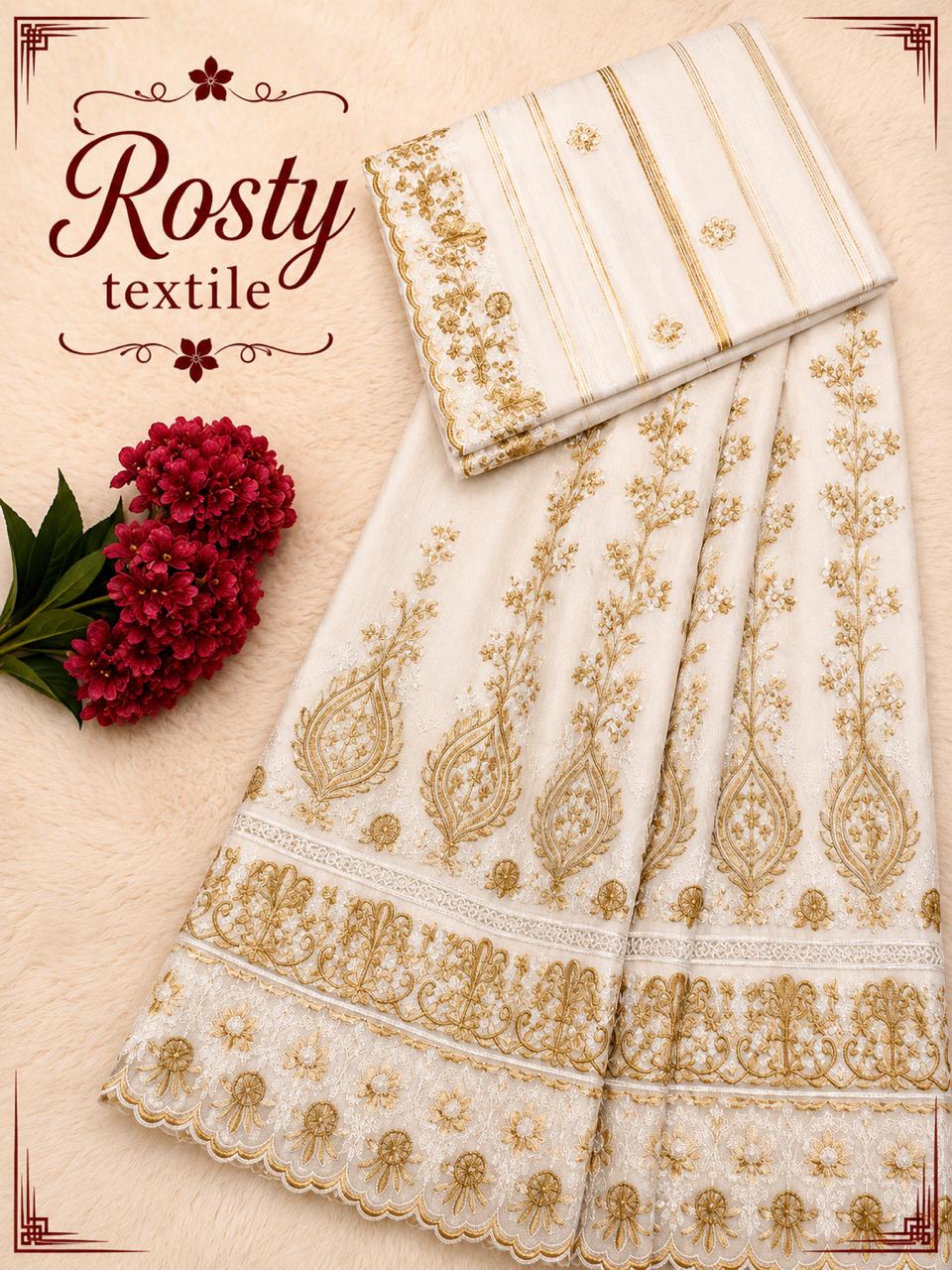 Salouva blanc brodée dorée motifs floraux médaillons et arabesques