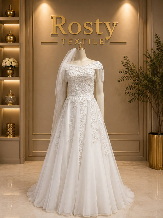 Robe de mariée blanche dentelle florale appliqués 3D franges cristaux voile long Rosty Textile