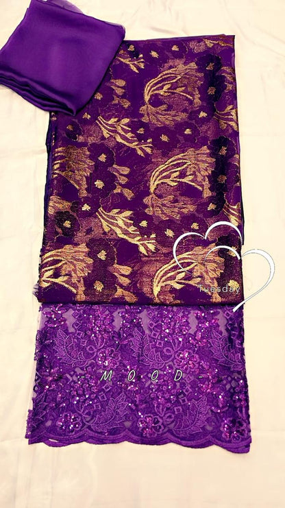 Salouva 3PICE Violet - broderie florale dorée et dentelle paillettes violettes