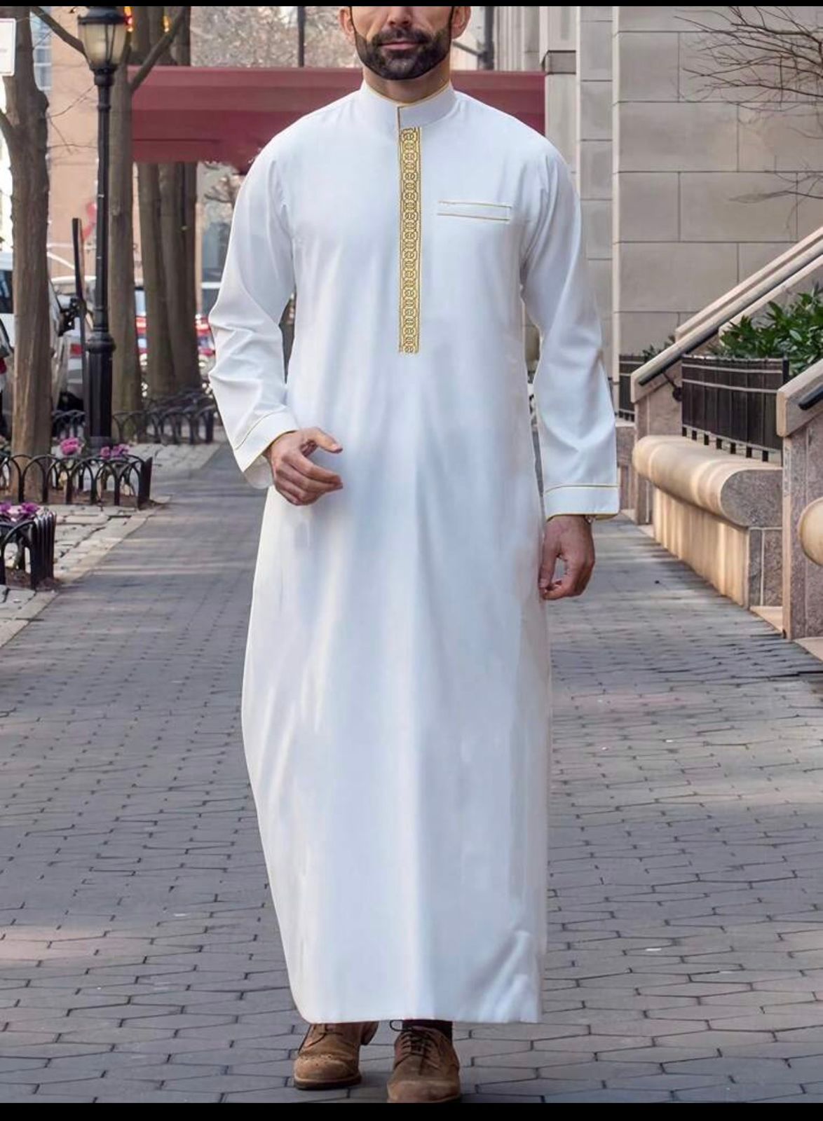 Thobe noir col mandarin zip doré style saoudien