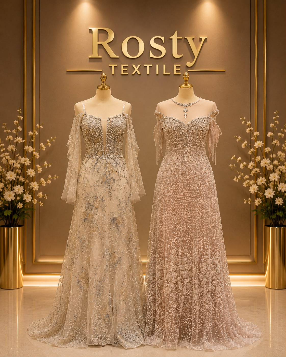 Robe de soirée ivoire brodé argent cristaux manches volantées Rosty Textile