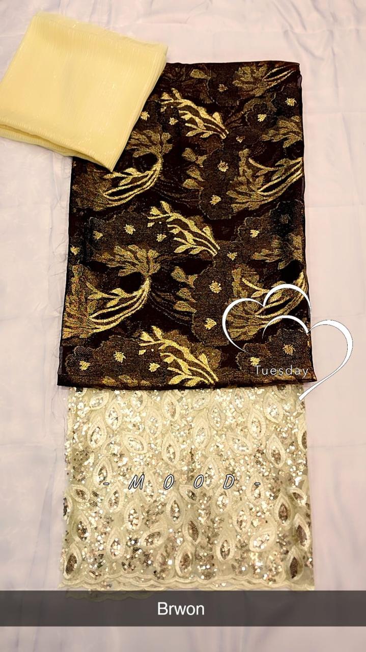 Salouva 3PICE Marron - broderie florale dorée et dentelle crème paillettes