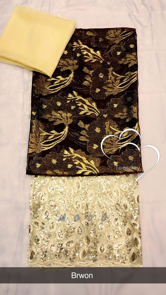 Salouva 3PICE Marron - broderie florale dorée et dentelle crème paillettes