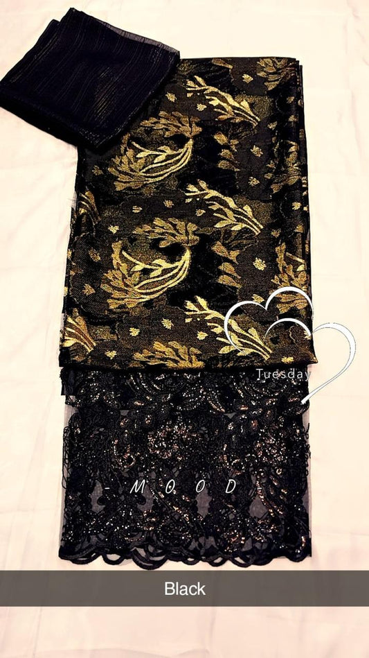 Salouva 3PICE Noir - broderie florale dorée et dentelle paillettes noires