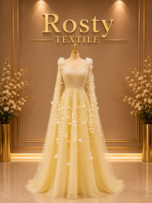 Robe de soirée jaune pâle fleurs 3D cristaux manches cape Rosty Textile