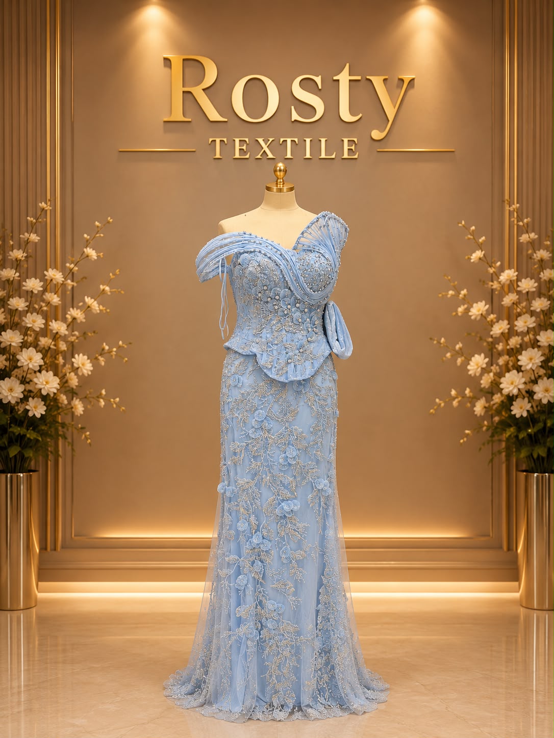 Robe de soirée bleu ciel fleurs 3D sirène épaule asymétrique Rosty Textile