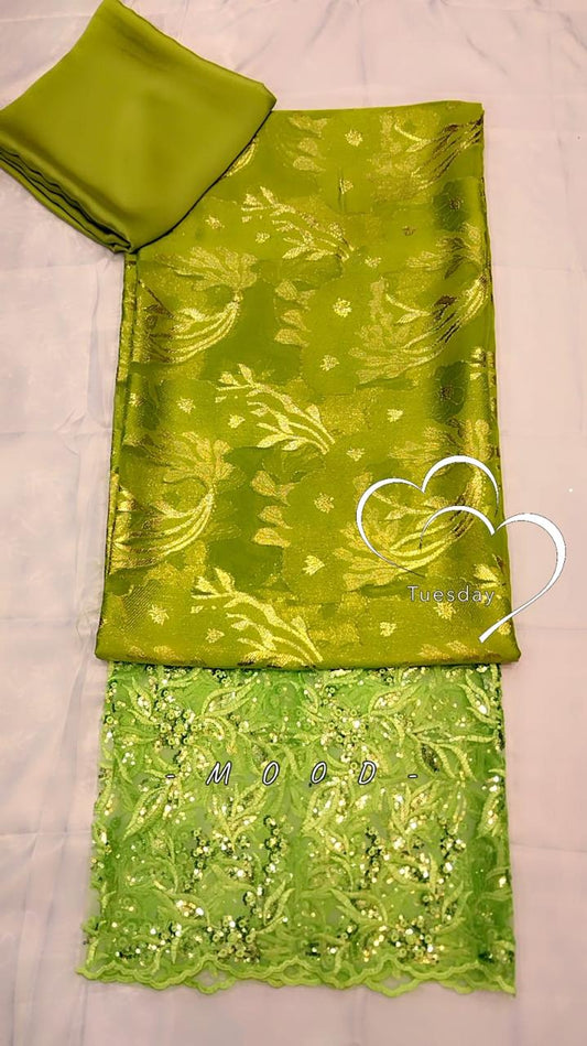 Salouva 3PICE Vert Olive - broderie florale dorée et dentelle paillettes vertes
