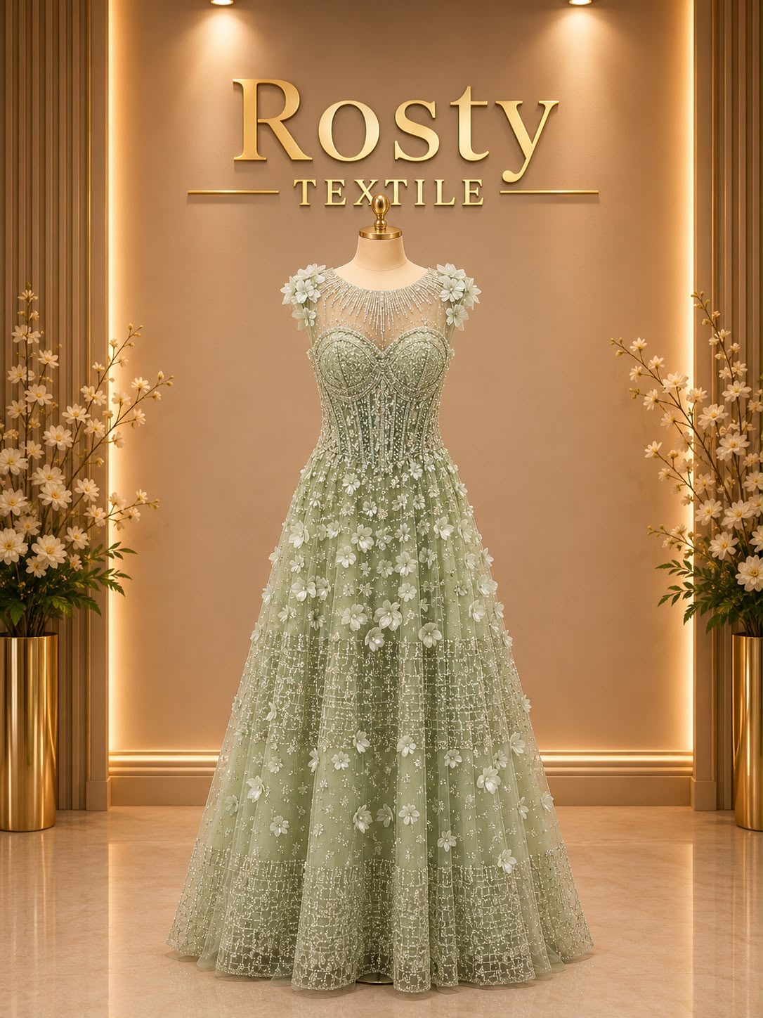 Robe de soirée vert sauge fleurs 3D cristaux sans manches Rosty Textile