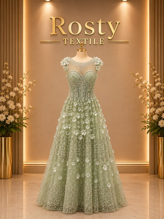Robe de soirée vert sauge fleurs 3D cristaux sans manches Rosty Textile