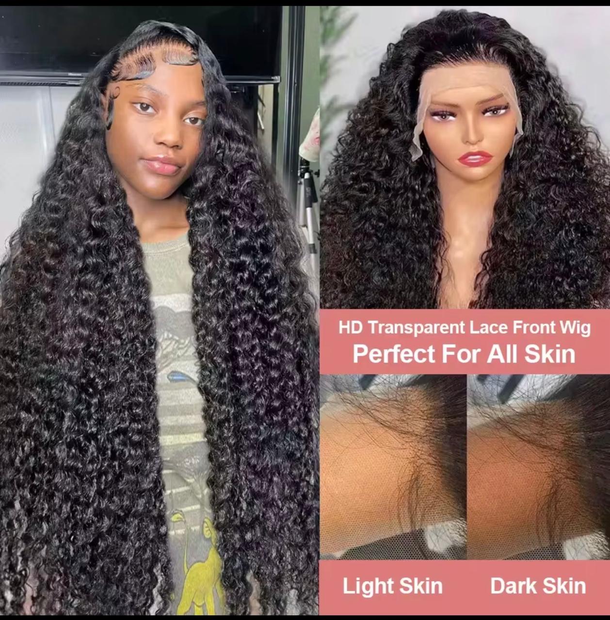 Perruque bouclée noire HD lace frontale deep wave cheveux humains