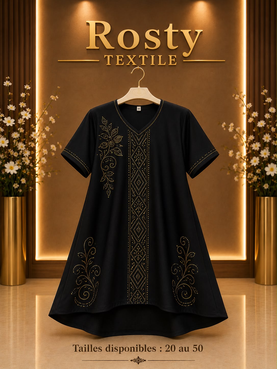 Abaya enfant noire cristaux floraux géométriques col V manches courtes Rosty Textile