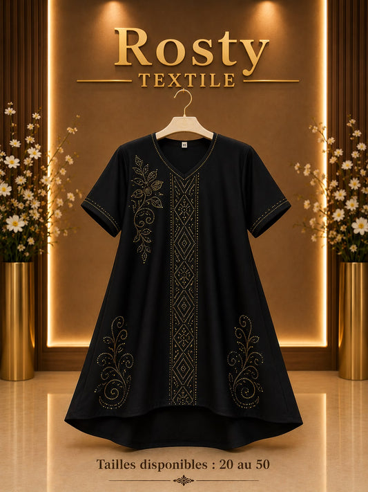 Abaya enfant noire cristaux floraux géométriques col V manches courtes Rosty Textile